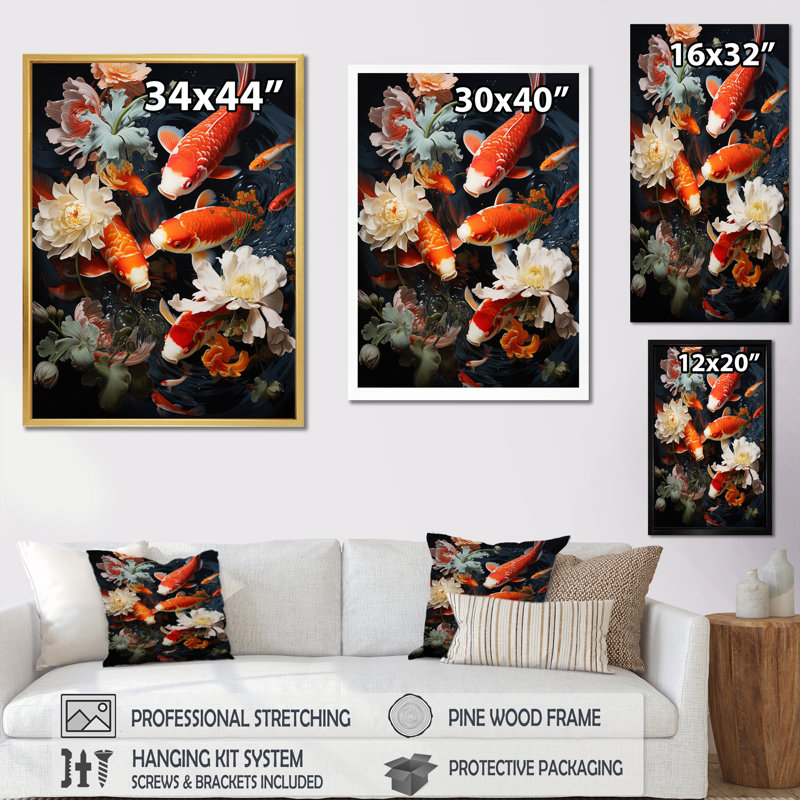 «Asian Art Infinite Koi I», reproduction d'art sur toile, Cadre flottant doré, H 44 po x l 34 po x P 1,5 po
