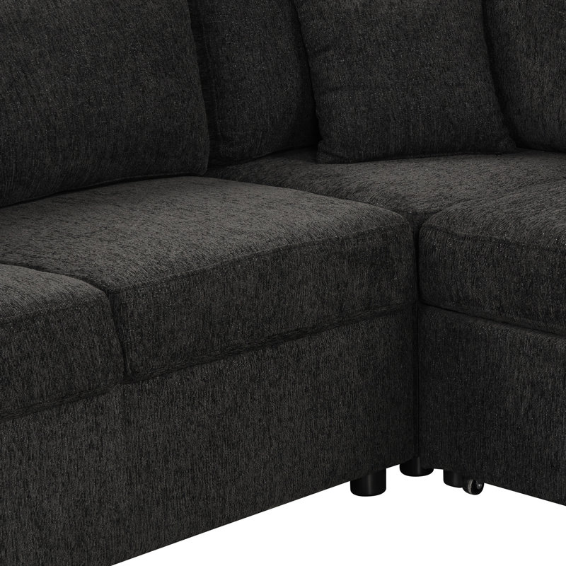 108.6" U-Shaped Sectional With Bed And Storage, 2 Ports, Power Sockets, Black Chenille Fabric Pull Out & Upholstery