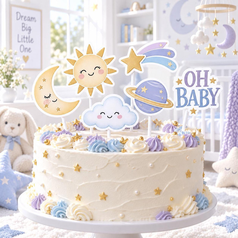 Ensemble de 6 décorations pour gâteau de naissance sur le thème céleste, motif lune et étoiles