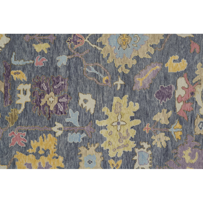 Karina Hand Knotted Wool Floral Area Rug in Blue/Beige, Runner 2'6" x 8'