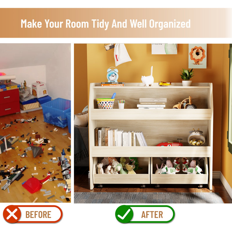 3-Tier Toy Storage & Organizer Bookshelf with Cubbies & 2 Removable Drawers - Kids Room Multi-Functional Storage Solution