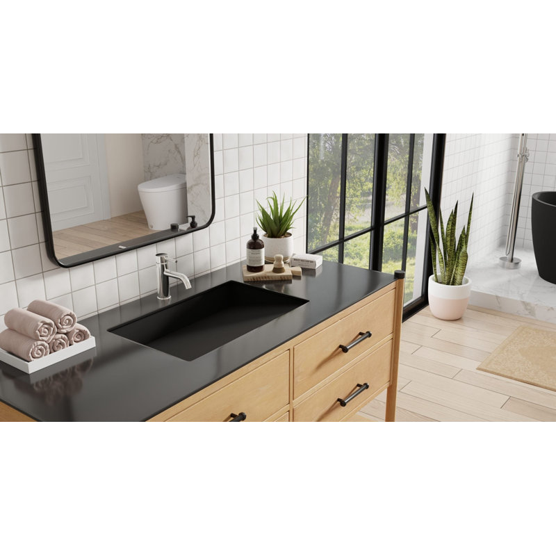 Lavabo de salle de bain encastré en pierre noire encastré en résine de 25,2 po x 16,1 po Badeloft UB-04-L-MBLK, Noir mat