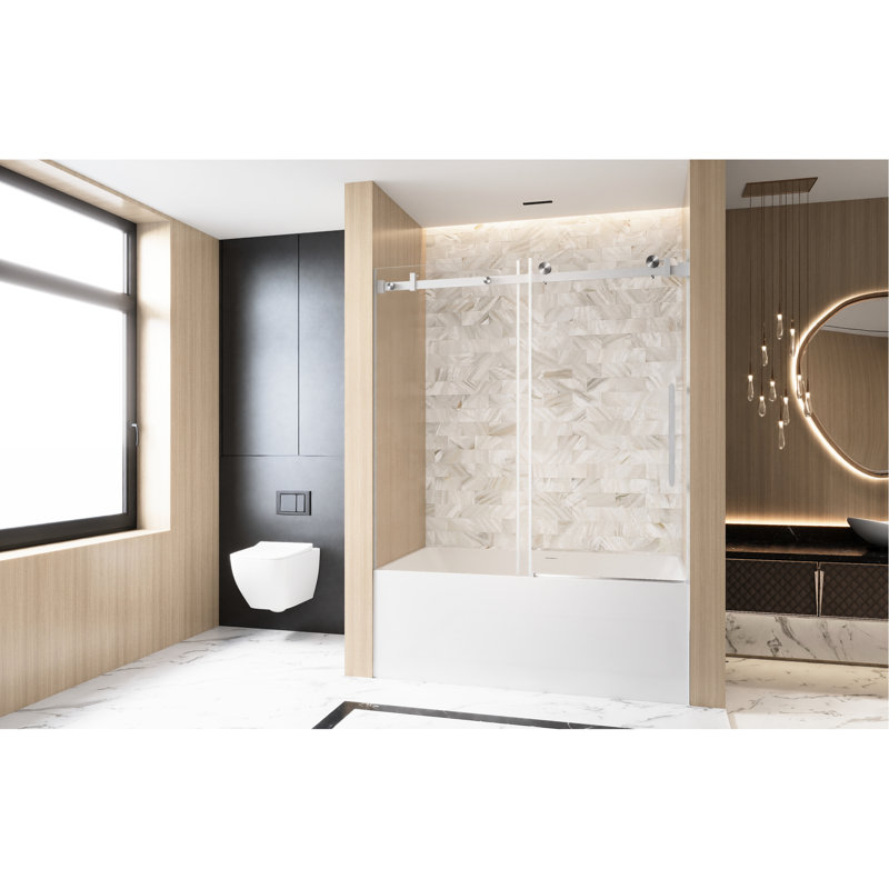 Single Sliding Shower Door For Bathroom Zones, 56 - 60 "w X 60" H, 1/4 "(6 Mm) Clear Tempered Glass, Preventive Film Cover, Stainless Steel Square Tube Track, Brushed Nickel Large Handle, American