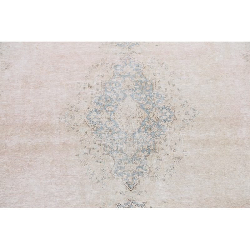 Tapis décoratif en laine de conception unique noué à la main des années 1960 9 pi 9 po x 13 pi 4 po en rose/bleu/beige