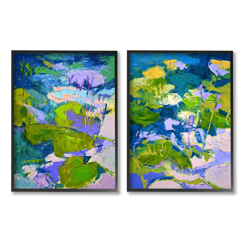 «Floating Lotus Blossom Pond» par Dorothy Fagan, ensemble de 2 peintures sur bois, H 14 po x l 22 po x P 1,5 po