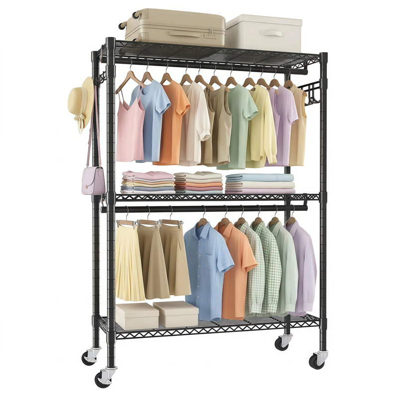 Portant à vêtements robuste avec 3 tablettes, 2 tringles de suspension, crochets latéraux et roulettes verrouillables, organisateur de garde-robe autoportant