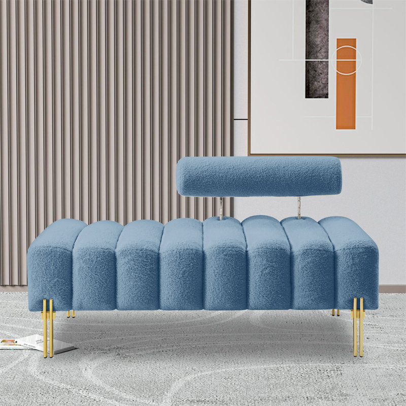 53" Sherpa Upholstered Bench End Of Bed Bench with Adjustable Back and Metal Leg, Light Blue
