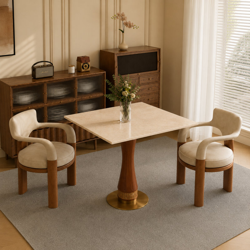 33-inch Square Solid Wood Table with Kato Weave Accents and Marble-Like Texture, Yellow; Tan