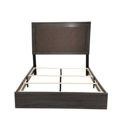 Dark Gray Oak Queen Bed With Rustic Vibes, Fabric Covered, Assembly Needed Accented In Oak, Upholstery, Required