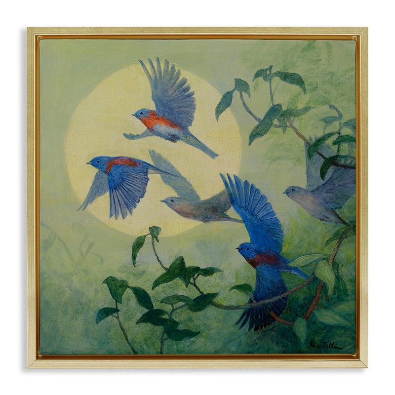 «Bluebird Flock over Moon», art mural encadré par Floater, H 25 po x l 25 po, Cadre flottant métallique doré