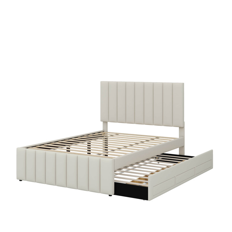 Lit plateforme double avec lit gigogne et 3 tiroirs, Beige