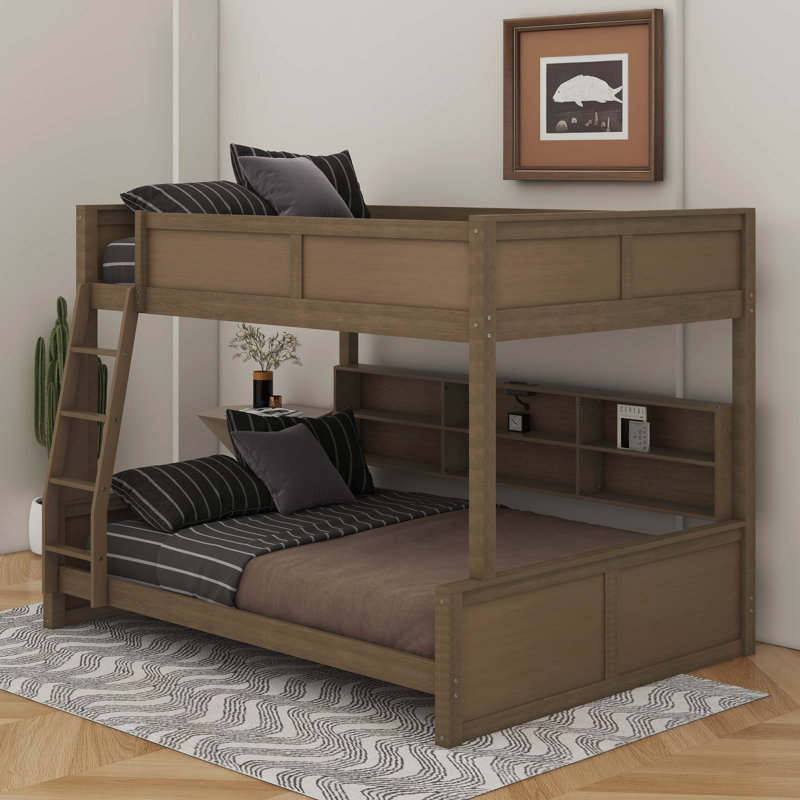 Bunk Bed With Storage Cabinets And USB Ports, Antique Wood, Full XL Over Queen