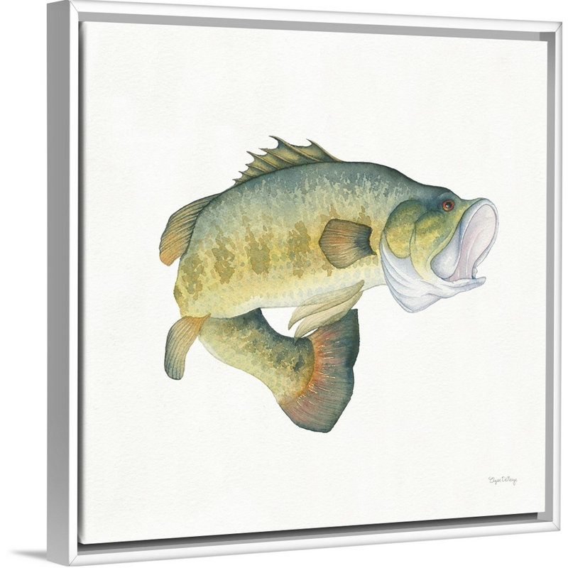 «Gone Fishin Large Mouth», reproduction d'art sur toile, Cadre flottant blanc, H 14 po x l 14 po x P 1,75 po