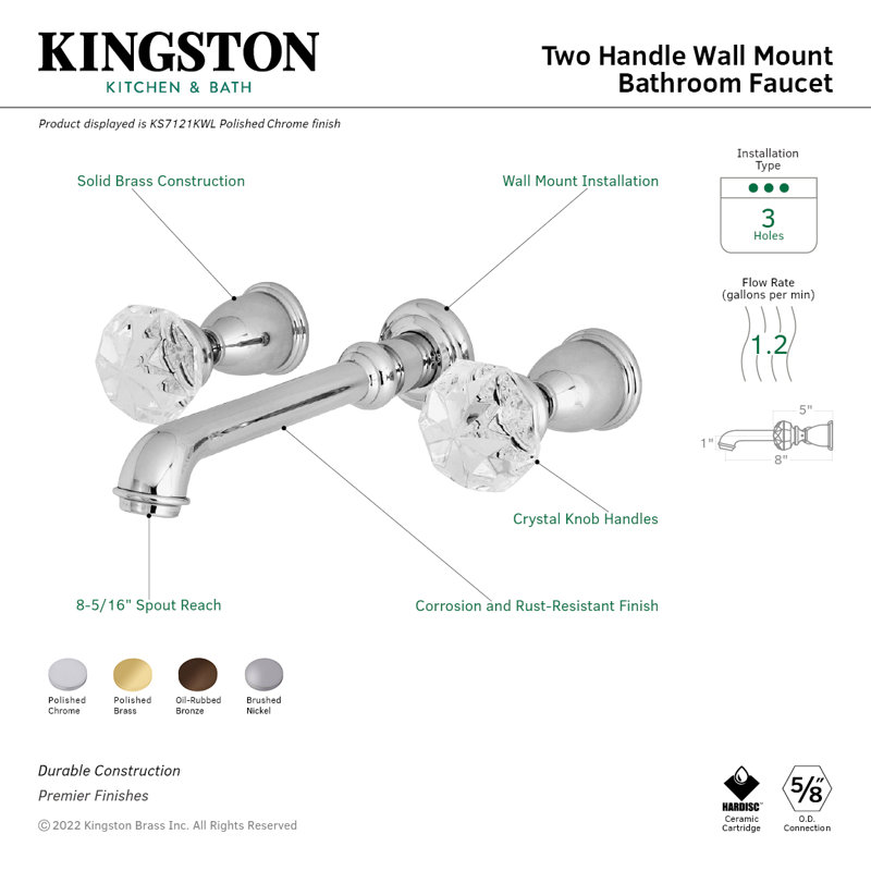 Kingston Brass Krystal Onyx Two-Handle 3-Hole Wall Mount Bathroom Faucet, Brushed Nickel