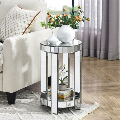 Table ronde miroir avec incrustations de cristal, petite table d'appoint moderne à 2 niveaux avec espace de rangement, table décorative argentée convenant au salon, à la chambre à coucher, au coin repas et aux petits espaces.