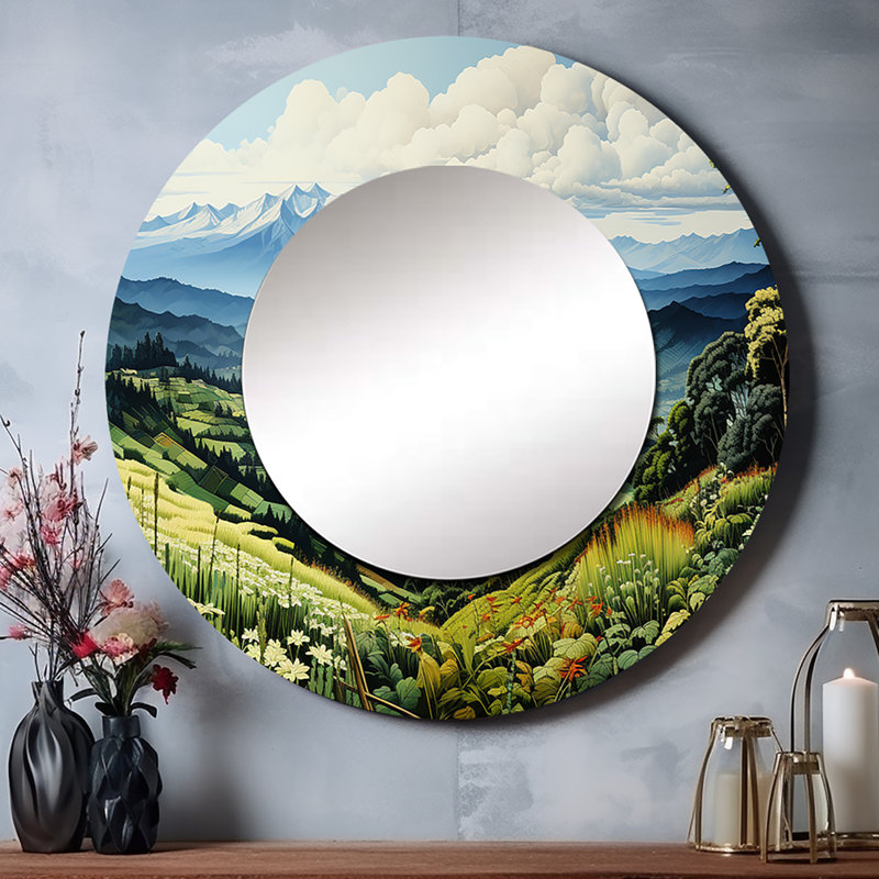 Selwyn Countryside Mountain Vista Patchwork I - miroir unique campagne, grand miroir mural rond, impression sur métal