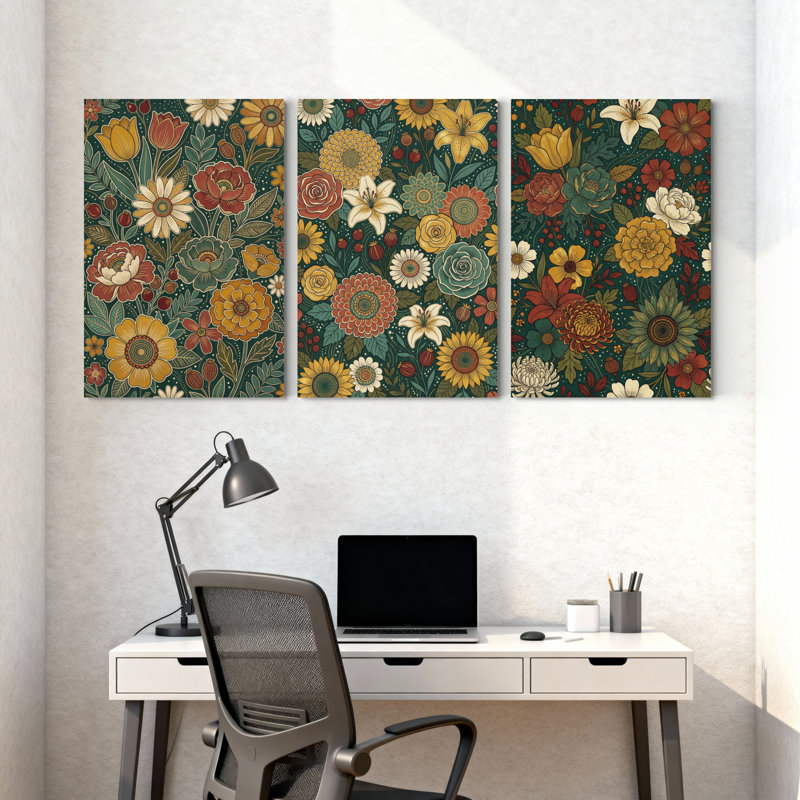 Plantes et fleurs, motif floral avec couleurs vives et feuilles détaillées, ensemble de 3 impressions murales sur toile