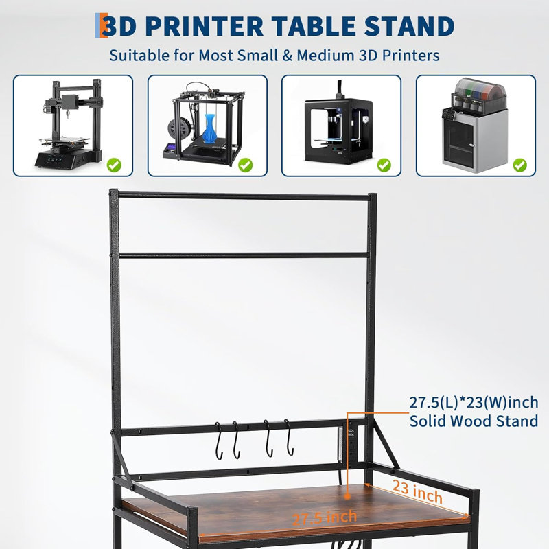 Support d'imprimante 3D avec rangement pour filament, table d'imprimante 3D avec prise de courant, organisateur de filament pour support d'impression 3D roulant, bureau de rangement robuste pour ABS, PLA, bobines de filament en TPU, bureaux à domicile