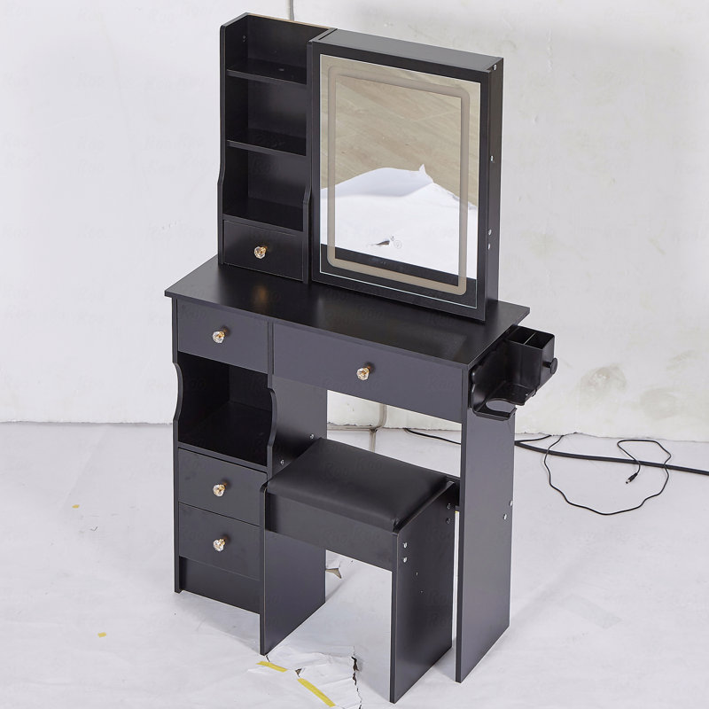 29.2" Small Size Left Drawer Desktop Vanity Table + Cushioned Stool, 2 Ac+2 Usb Power Station, Hair Dryer Bracket, Extra Large Touch Control Sliding Led Mirror, Tri-Color Switching, Brightness Adjust