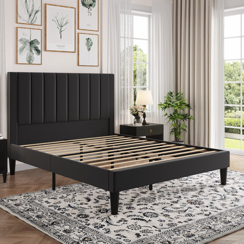 Lit plateforme en velours avec tête de lit et lattes en bois, Double, Noir