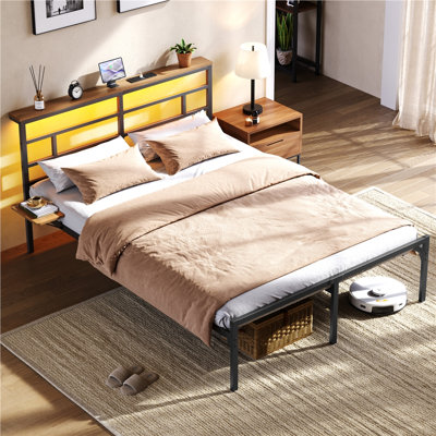 Metal Bed Frame with Charging Station & LED Headboard & Movable Storage Rack