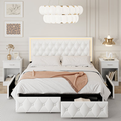 3-Piece Bedroom Sets, 4-Drawer PU Storage Bed+ 2 Nightstands,Nightstands Double as Side Tables