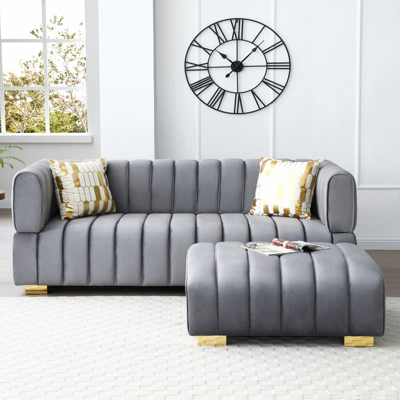 Luna, Channel-Back Velvet Sofa with Ottoman, Gray