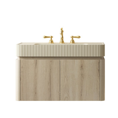 Meuble-lavabo de salle de bain GECO 36, meuble de rangement flottant, lavabo intégré à surface solide beige crème avec 3 trous de robinet pré-percés, démonté, robinet et drain exclus, couleur grain de bois de chêne blanc