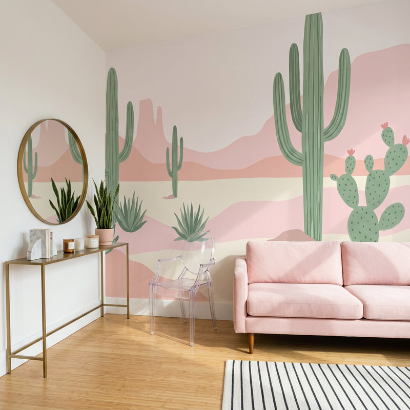 Papier peint paysage désertique rose cactus Saguaro, 140 po x 108 po, Non tissé