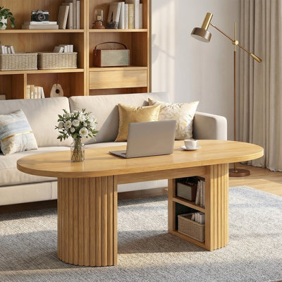 Fluted Coffee Table with Hidden Storage, Oval Fluted Center Table with 3-Tier Adjustable Shelf