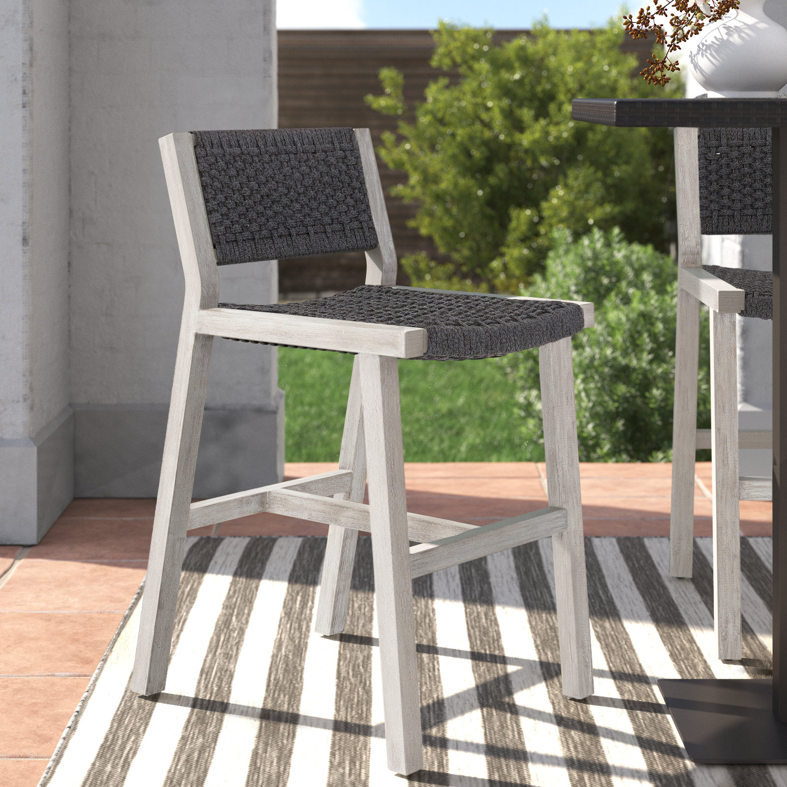 Shea Teak Outdoor Bar Stool, Dark Gray, Counter Stool (26" Seat Height), Dark Gray Rope