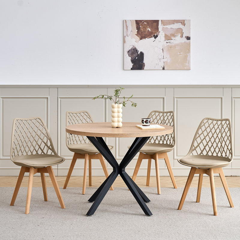 Dining Chairs - Nordic Style Dining Chair - Mesh Backrest - Solid Wood Legs, Beige, Set Of 4
