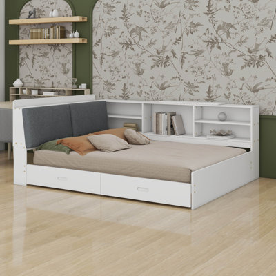 Full Size Daybed With Storage, Wood Corner Bed Frame With Bookcase Headboard And 2 Drawers
