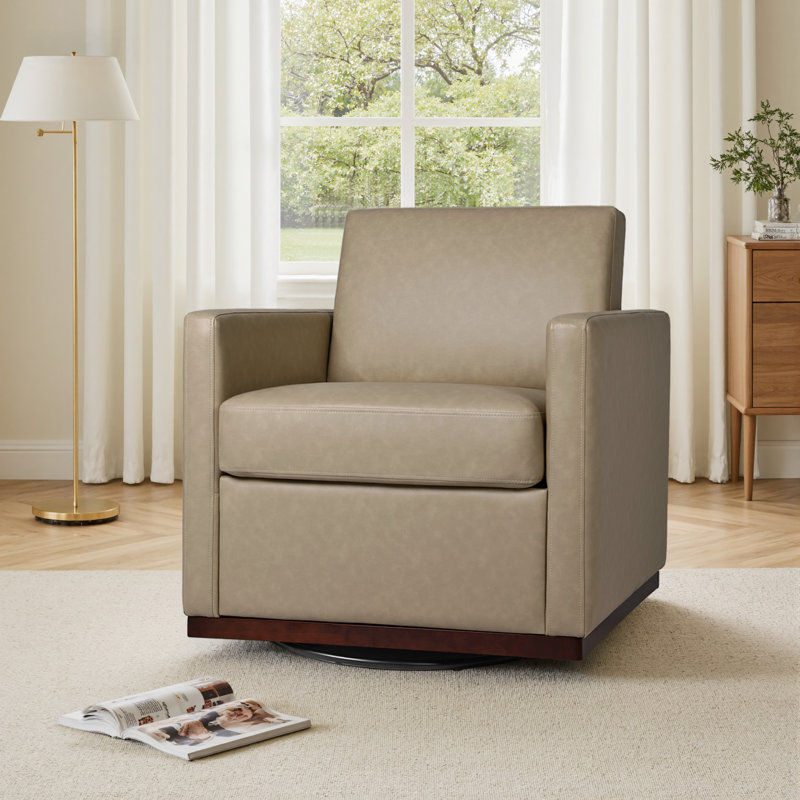 Modern Upholstered Cream Faux Leather Square Swivel Armchair with Matel Base, Cream Faux Leather