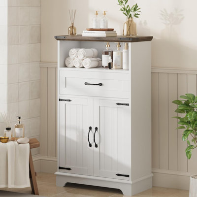 Farmhouse Storage Cabinet with Doors and Drawers, White Freestanding Accent Cabinet for Bathroom, Kitchen, Living Room, or Bedroom, Rustic Sideboard Buffet Cabinet with Adjustable Shelf