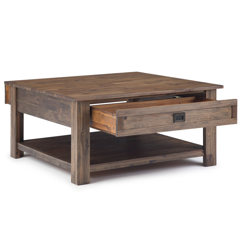 Table basse carrée rustique en bois d'acacia massif l 38 po avec 2 tiroirs et tablette ouverte Monroe