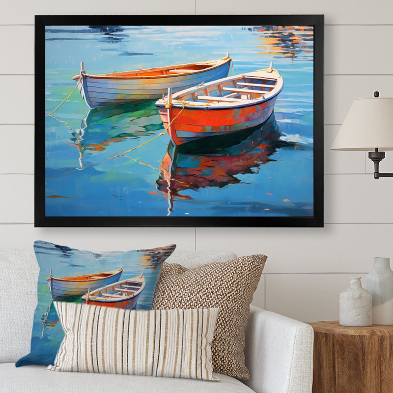 «Boat Harmonic Waters» - Art mural bateau, H 12 po x l 20 po x P 1 po, Cadre simple noir