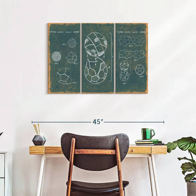 Ensemble de 3 balles de soccer bleu sarcelle sur toile, H 24 po x l 38 po x P 1,25 po