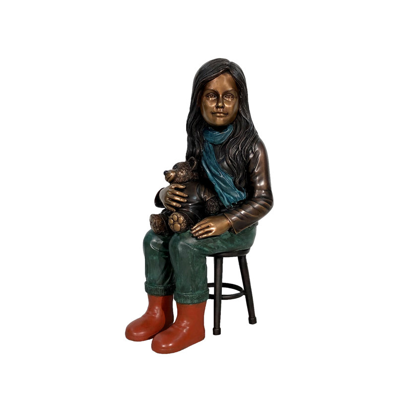 Bronze Girl Sitting on Stool with Teddy Bear Sculpture