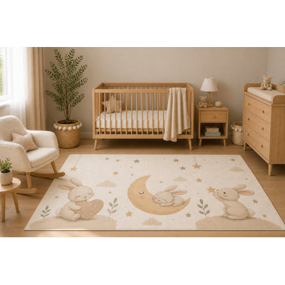 "Ultra Lightweight" 5'x7' Sleeping Bunny Moon Nursery Area Rug, Neutral Beige Rabbit Stars Kids Bedroom Playroom Decor, Non-Slip Silicone Backing Low Pile Carpet