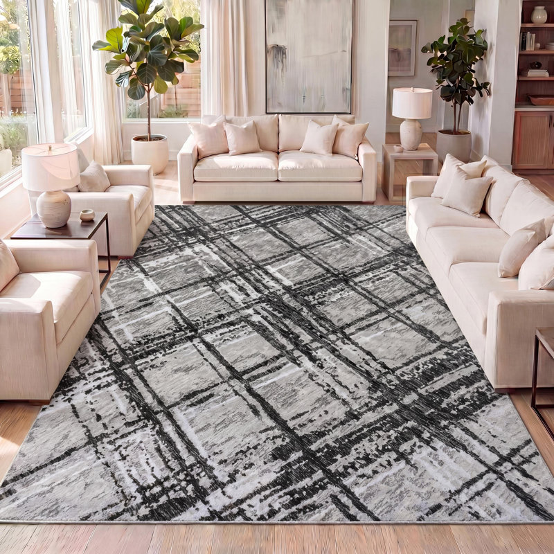 Tapis noir / gris à motif abstrait moderne Black mun, Rectangle 4pi x 6 pi