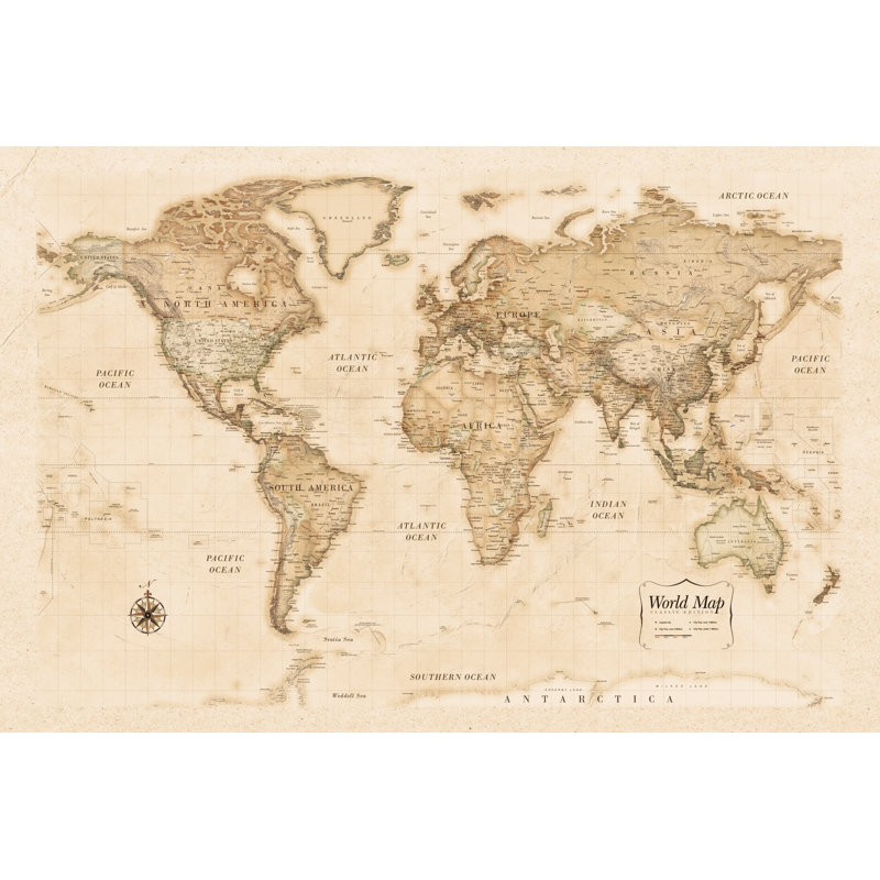 World Map Sepia - Wrapped Canvas Art Prints, 30cm H x 46cm W