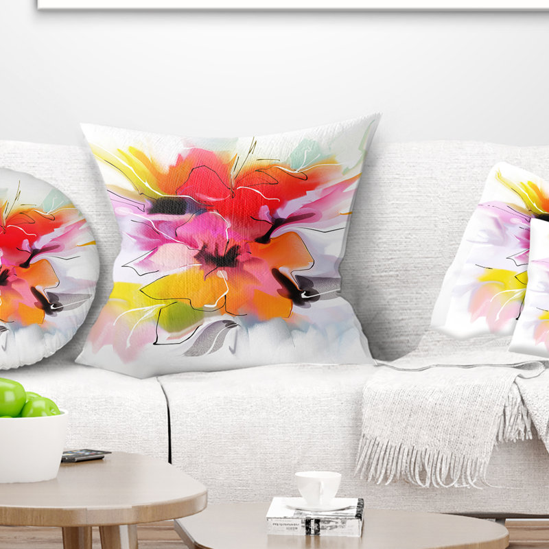 Fleurs colorées et abstraites sur fond blanc - coussin à imprimé floral, 16 po x 1 po, Coussin décoratif