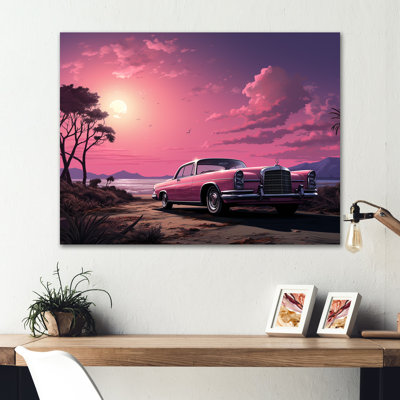 Rose Cadillac sur la plage au coucher du soleil II - voiture, art mural américain en métal