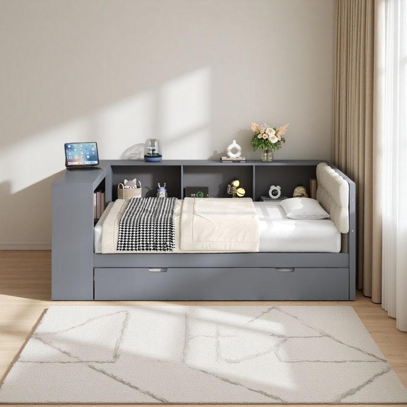 Lit plateforme en bois avec tablettes de rangement, lit gigogne, station de charge et tête de lit tapissier, Lit simple, Gris