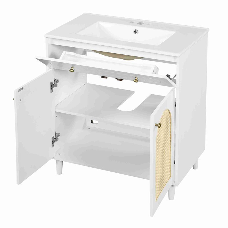 Meuble-lavabo avec tablette réglable, Blanc / Doré