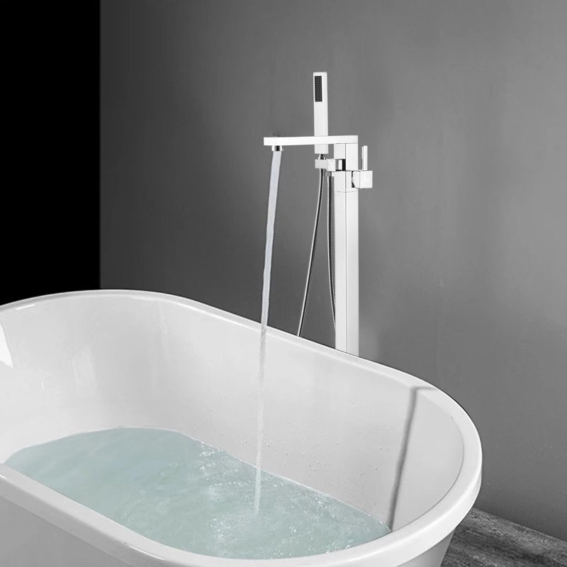 Single Handle Floor Mounted Tub Filler Trim with Handshower, Polished Chrome