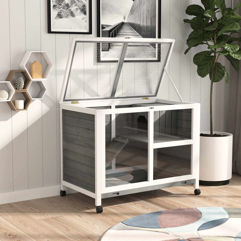 Lapin d'intérieur - taille de bureau et de table d'appoint, gris. Cage en bois imperméable avec roues pour 1 ou 2 lapins nains. 36 po x 21 po x 28,75 po. Pièces personnalisables pour stylo compact Space Design