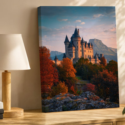 Reproduction d'art sur toile, "Un majestueux château médiéval perché sur une colline rocheuse" par Vibrant Autumn Foliage