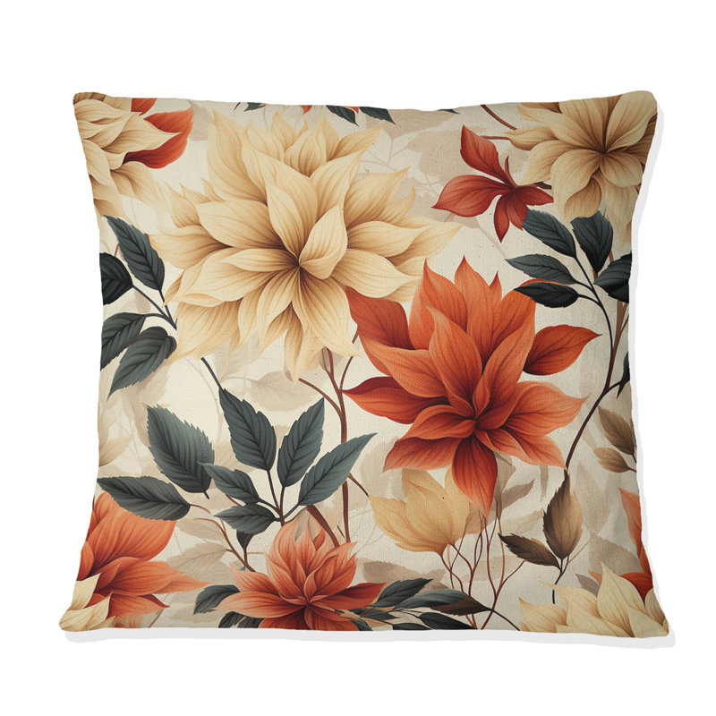 Coussin décoratif en polyester à motif de fleurs d'automne beige et rouge, H 16 po x l 16 po